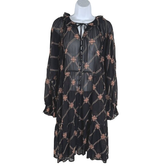 Johnny Was Dresses & Skirts - Johnny Was Jackie Mini Dress Large Black Sheer Embroidered Boho Rayon DR-1817